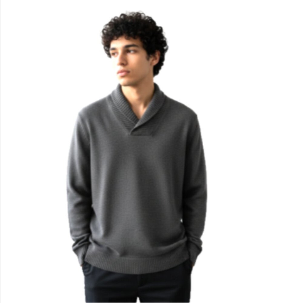 Apt 9 Mens Sweater Large Black Merino Wool Shawl Collar Ribbed EUC